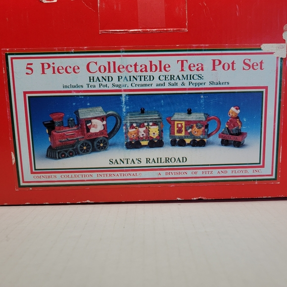 Fitz & Floyd Omnibus Santa's Railroad Teapot Set 5 Piece Boxed Christmas Decor - Picture 12 of 12